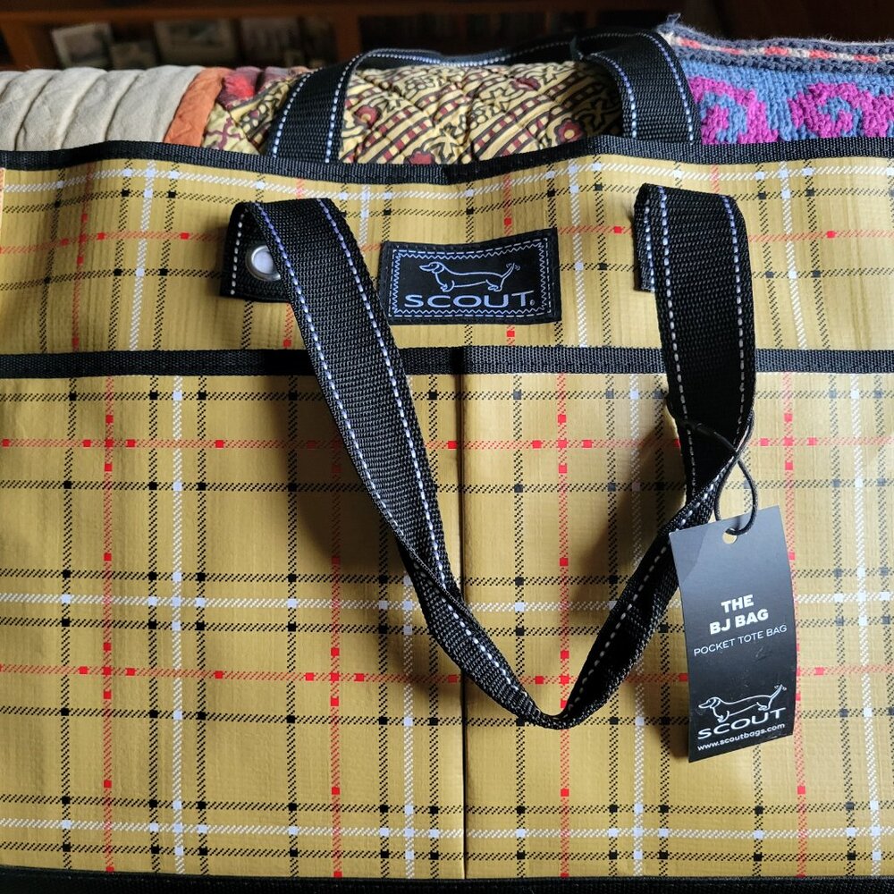 Scout Bags "The BJ Bag" Set Pocket Tote Bags Gold with Red and Black Plaid